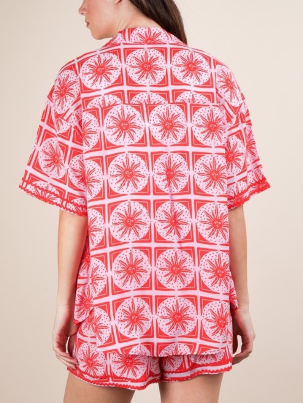 VERY J Tropical 2p Pink Red Shirt Top & Shorts Set Large NWT Boutique - Picture 2 of 8